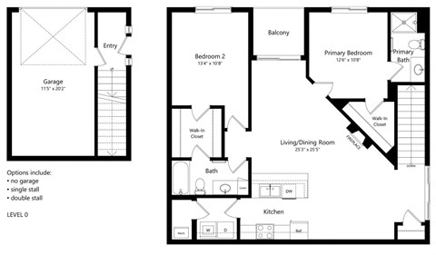 Floor plan for 2 beds, 2 baths, 1132 sqft