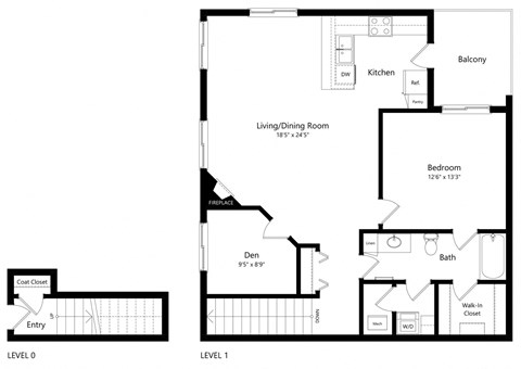 Floor plan for 1 bed, 1 bath, 1025 sqft