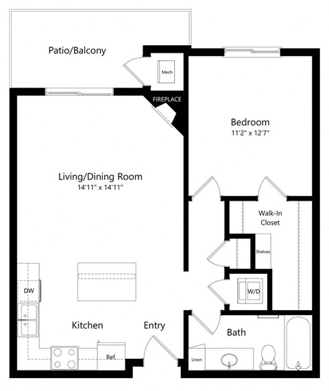 Floor plan for 1 bed, 1 bath, 750 sqft