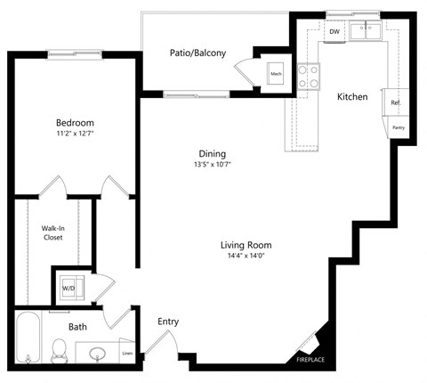 Floor plan for 1 bed, 1 bath, 982 sqft