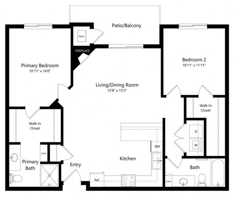 Floor plan for 2 beds, 2 baths, 1089 sqft
