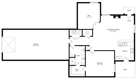 Floor plan for 1 bed, 1 bath, 1121 sqft