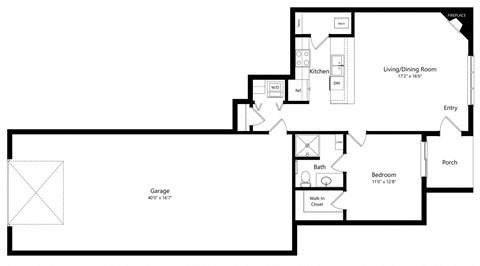 Floor plan for 1 bed, 1 bath, 783 sqft