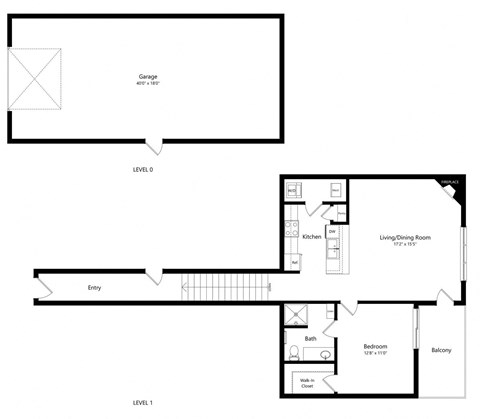 Floor plan for 1 bed, 1 bath, 751 sqft