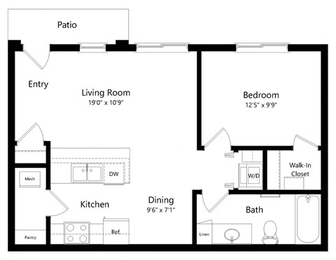 Floor plan for 1 bed, 1 bath, 682 sqft