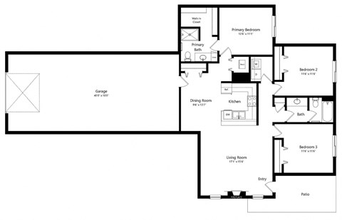 Floor plan for 3 beds, 2 baths, 1425 sqft