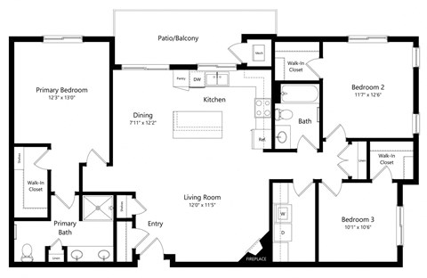 Floor plan for 3 beds, 2 baths, 1431 sqft