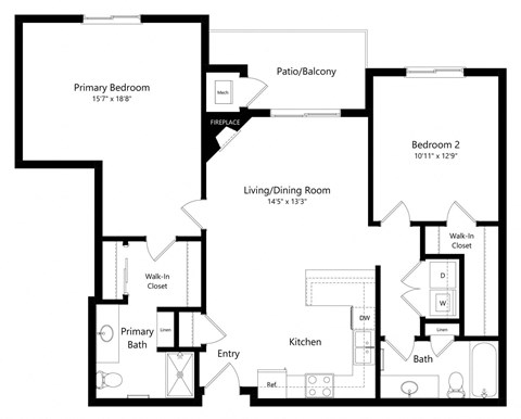 Floor plan for 2 beds, 2 baths, 1128 sqft