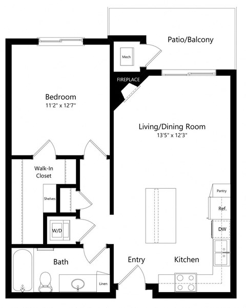 Floor plan for 1 bed, 1 bath, 711 sqft