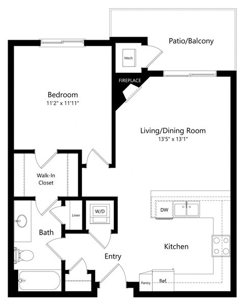 Floor plan for 1 bed, 1 bath, 711 sqft