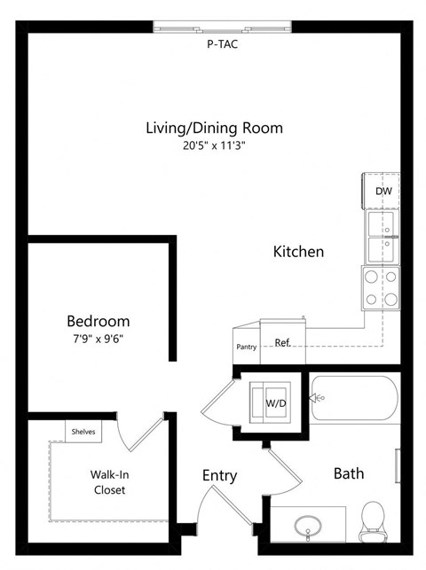 Floor plan for studio, 1 bath, 611 sqft