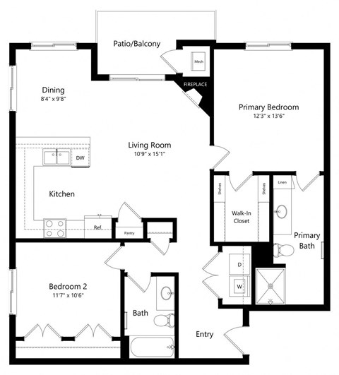 Floor plan for 2 beds, 2 baths, 1136 sqft