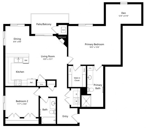 Floor plan for 2 beds, 2 baths, 1318 sqft