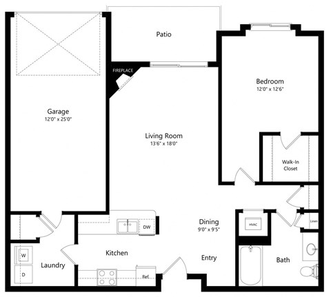 Floor plan for 1 bed, 1 bath, 881 sqft