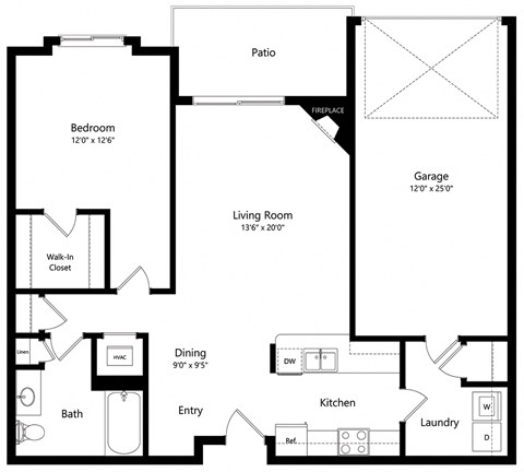 Floor plan for 1 bed, 1 bath, 949 sqft