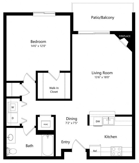 Floor plan for 1 bed, 1 bath, 847 sqft