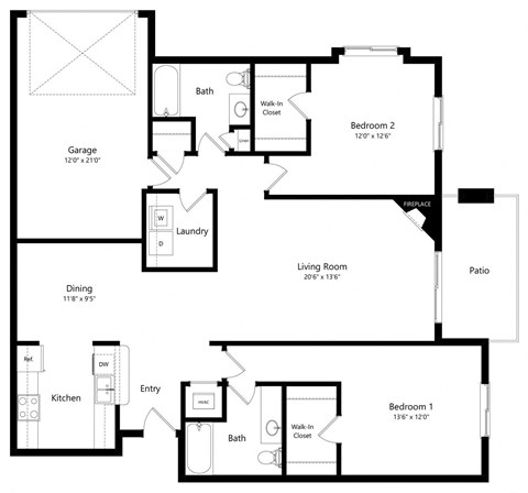 Floor plan for 2 beds, 2 baths, 1315 sqft