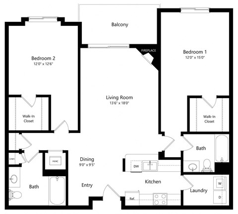 Floor plan for 2 beds, 2 baths, 1198 sqft