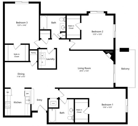 Floor plan for 3 beds, 2 baths, 1575 sqft