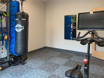 Spin and yoga area of fitness center with punching bag, fitness mirror, and spin bike