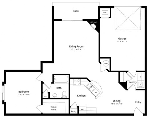 Floor plan for 1 bed, 1 bath, 1021 sqft