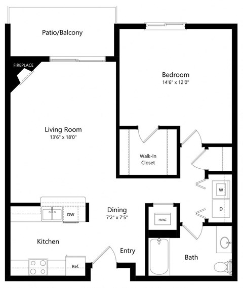 Floor plan for 1 bed, 1 bath, 905 sqft