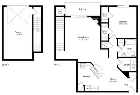 Floor plan for 1 bed, 1 bath, 1108 sqft