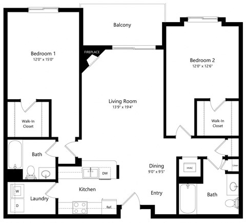 Floor plan for 2 beds, 2 baths, 1278 sqft