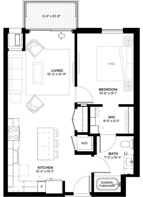 Floor plan for 1 bed, 1 bath, 670 sqft