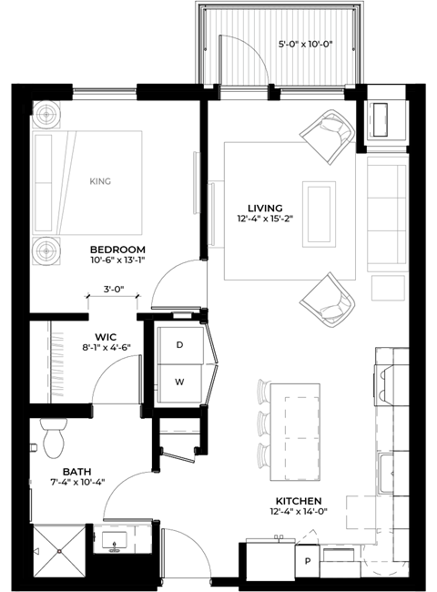 Floor plan for 1 bed, 1 bath, 678 sqft