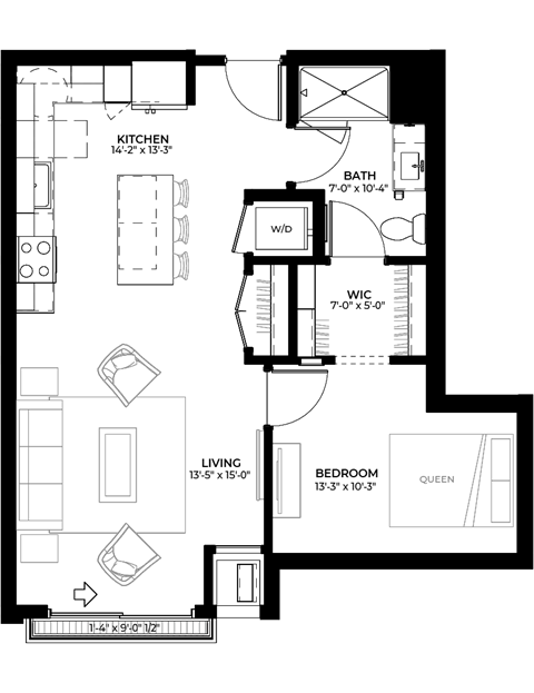 Floor plan for 1 bed, 1 bath, 654 sqft