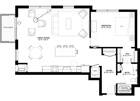 Floor plan for 1 bed, 1 bath, 1002 sqft