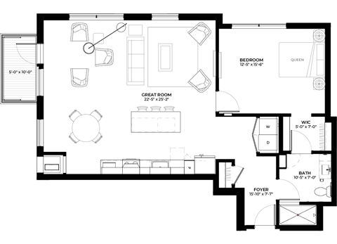 Floor plan for 1 bed, 1 bath, 998 sqft