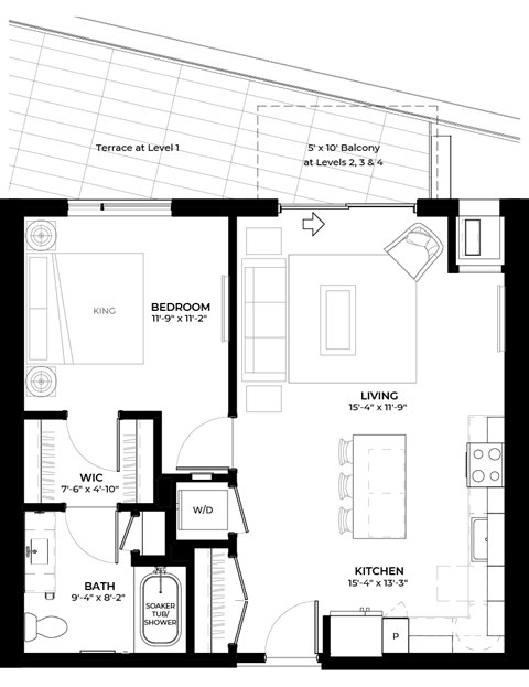 Floor plan for 1 bed, 1 bath, 686 sqft