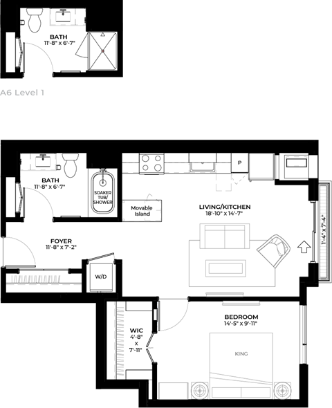 Floor plan for 1 bed, 1 bath, 628 sqft