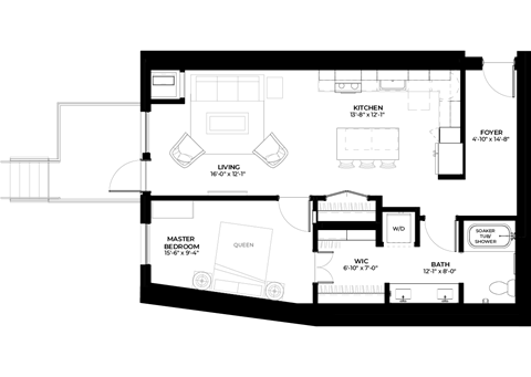 Floor plan for 1 bed, 1 bath, 767 sqft