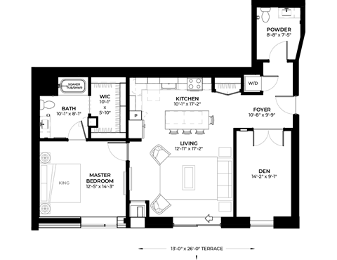 Floor plan for 1 bed, 2 baths, 1025 sqft
