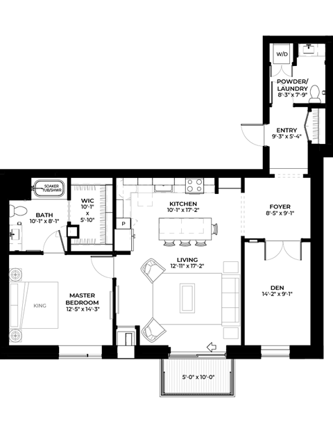 Floor plan for 1 bed, 2 baths, 1081 sqft