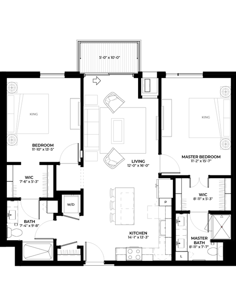 Floor plan for 2 beds, 2 baths, 1030 sqft