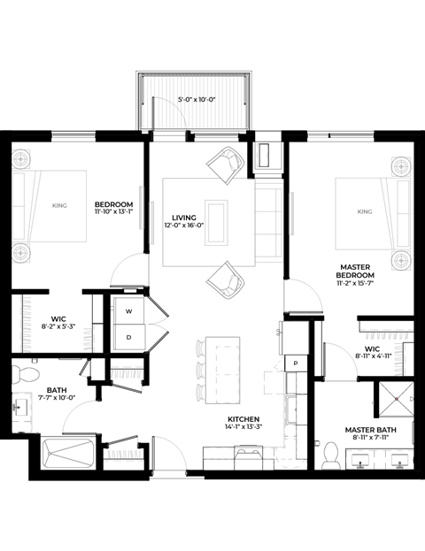 Floor plan for 2 beds, 2 baths, 1034 sqft