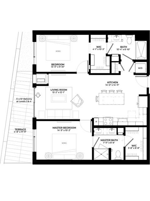 Floor plan for 2 beds, 2 baths, 957 sqft