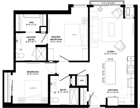 Floor plan for 2 beds, 2 baths, 966 sqft
