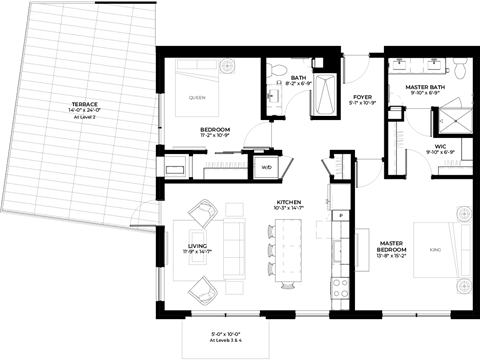 Floor plan for 2 beds, 2 baths, 1039 sqft