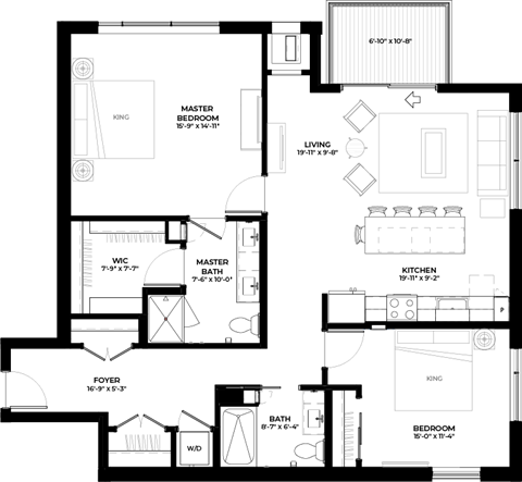 Floor plan for 2 beds, 2 baths, 1225 sqft