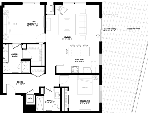 Floor plan for 2 beds, 2 baths, 1122 sqft