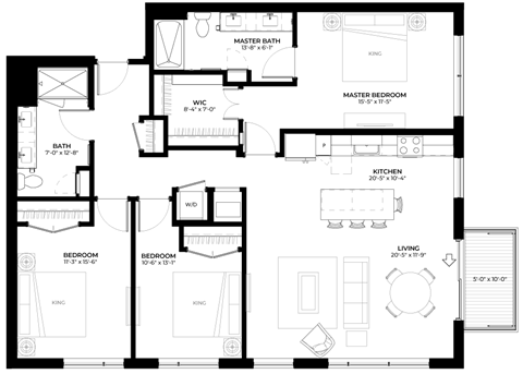 Floor plan for 3 beds, 2 baths, 1379 sqft