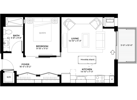 Floor plan for studio, 1 bath, 579 sqft