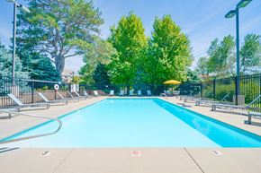 Lincoln apartment for rent - Swimming pool with lounge chairs for sunbathing and table shaded by yellow umbrella in the back
