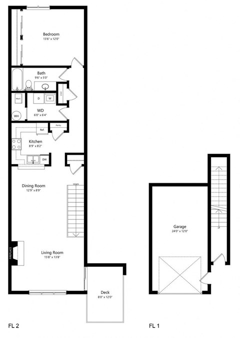 Floor plan for 1 bed, 1 bath, 921 sqft