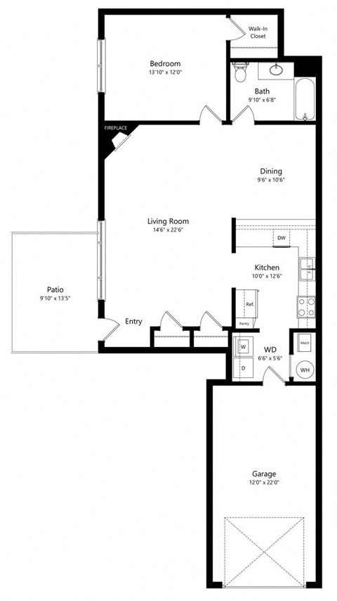Floor plan for 1 bed, 1 bath, 946 sqft
